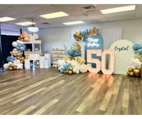 Blue Gold 50th BDAY Lush Balloons decor for Waco and West Texas birthday marquee number 50